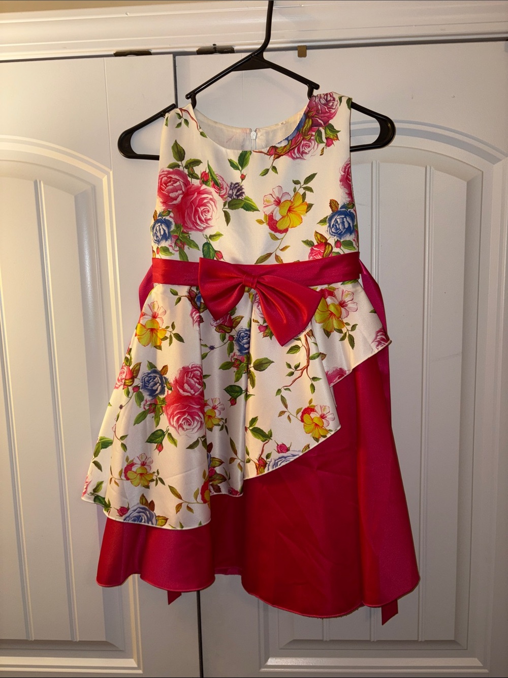 Floral Satin Overlay Party Dress with Pink Bow